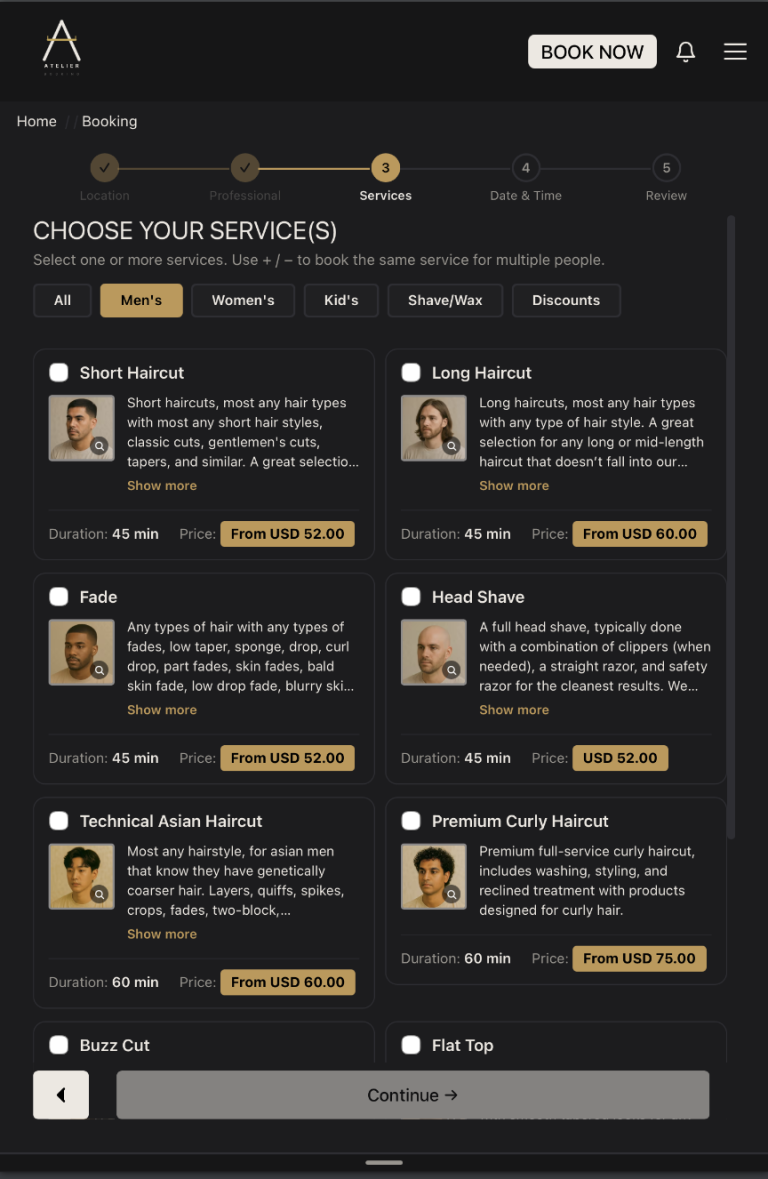 Booking — choose a service